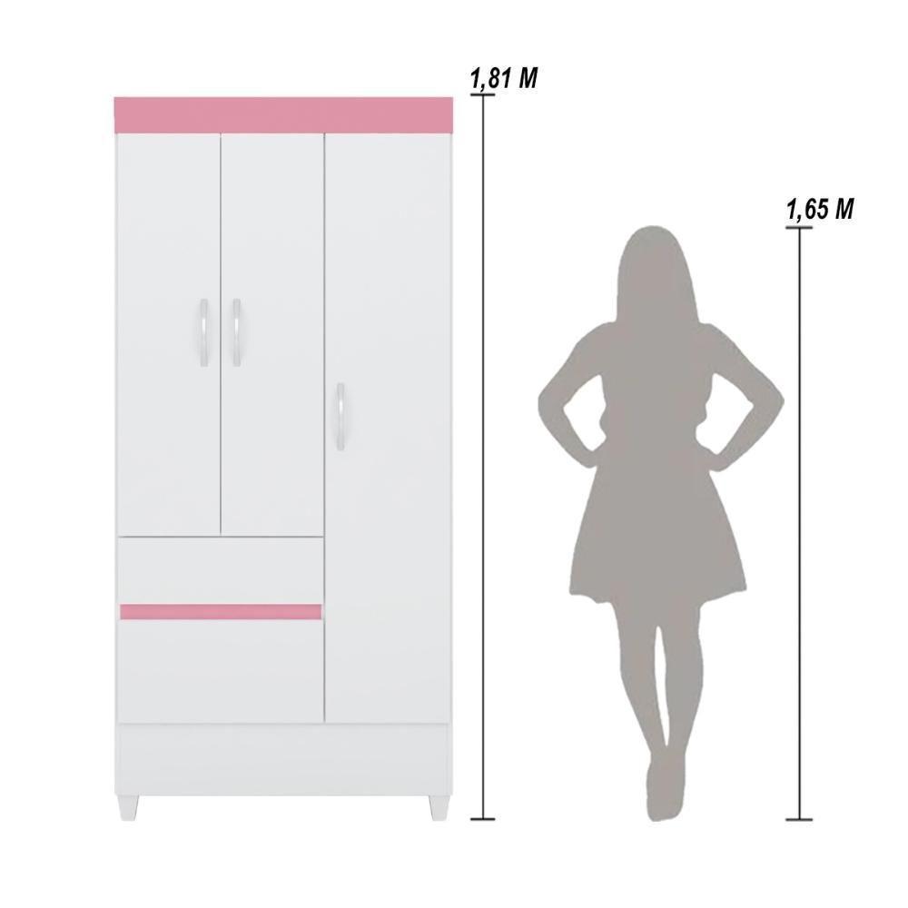 Guarda Roupa Solteiro 3 Portas E 2 Gavetas Castro - Branco Rosa - 4
