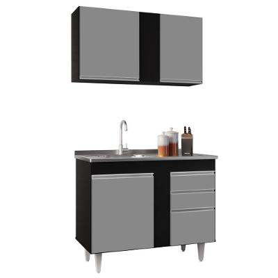 Armário Aéreo Indiana E Balcão Gabinete 100cm Com Pia Inox Luziania Preto-cinza- Lumil