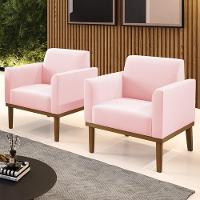 Poltrona Base Madeira Castanho Kit 2 Maressa Suede Rosa Bebê - Ibiza - 2