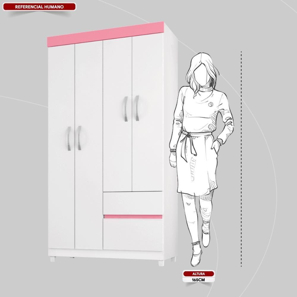 Guarda Roupa Solteiro 4 Portas E 2 Gavetas Almirante - Branco Rosa - 5
