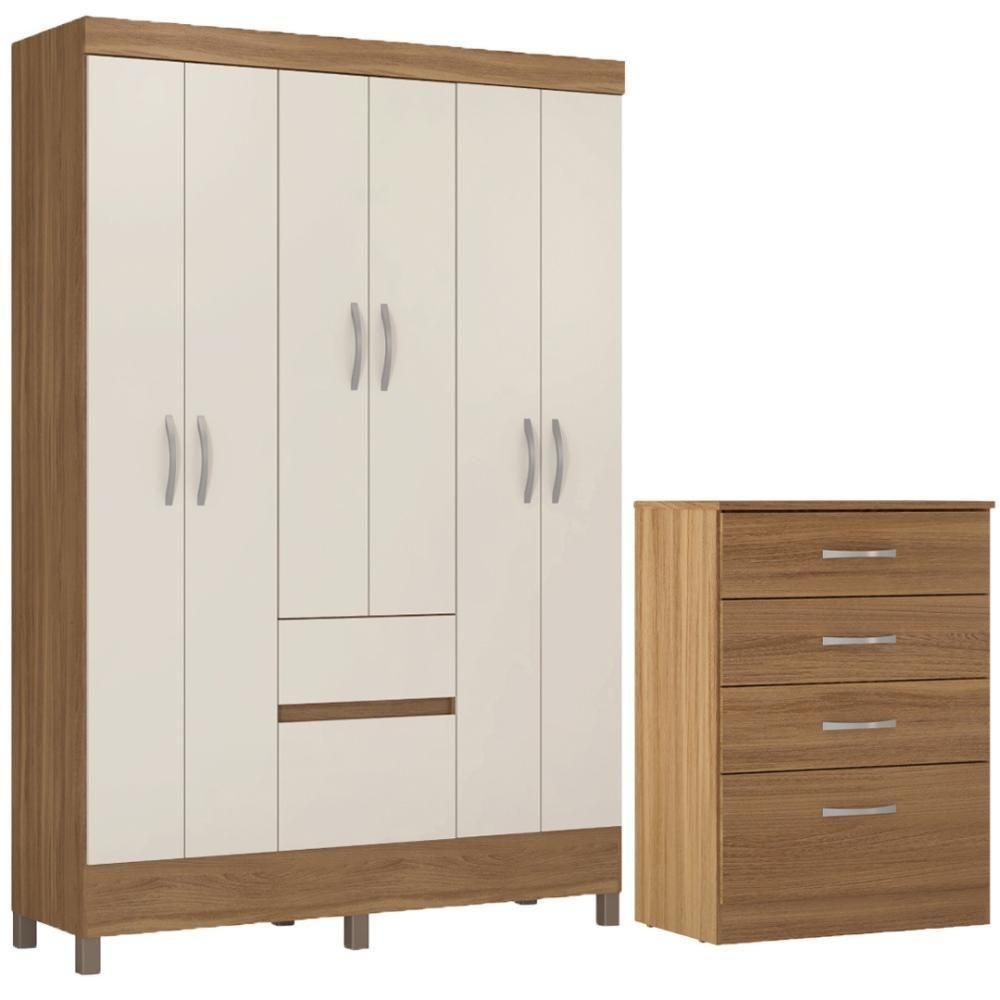 Kit Guarda Roupa Solteiro 6 Portas Flash Ii Cômoda Astral - Amêndola Touch Off White - 1