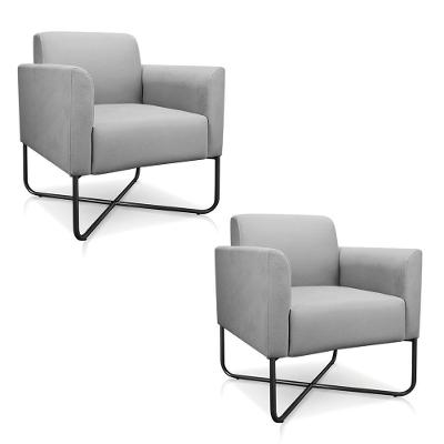 Kit 2 Poltronas Decorativas Maressa S10 Suede Cinza Base Industrial X Preta Ibiza