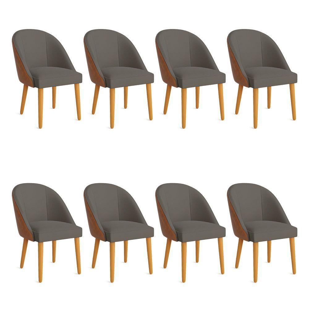 Kit 08 Cadeiras Poltrona De Jantar Bela Corano Nozes E Linho Grafite Pés Palito Castanho - Pallazio - 1