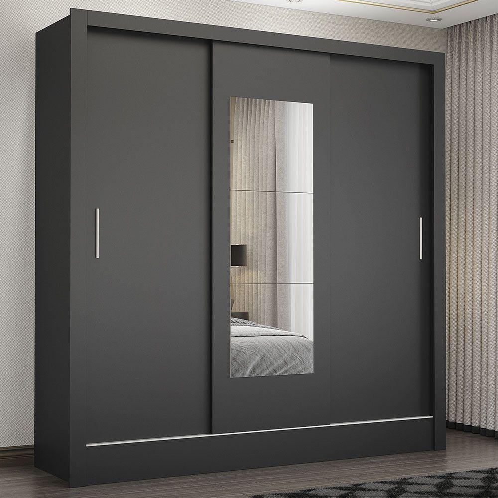 Guarda Roupa Casal Fortaleza 3 Portas Com Espelho Carioca Preto - 1