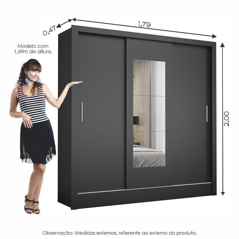 Guarda Roupa Casal Fortaleza 3 Portas Com Espelho Carioca Preto - 2