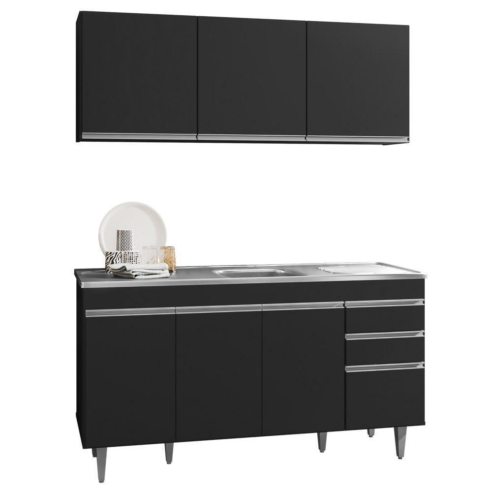 Armário Aéreo Argélia E Balcão Gabinete Com Pia Inox Marrocos 150cm Preto - Lumil Móveis - 1