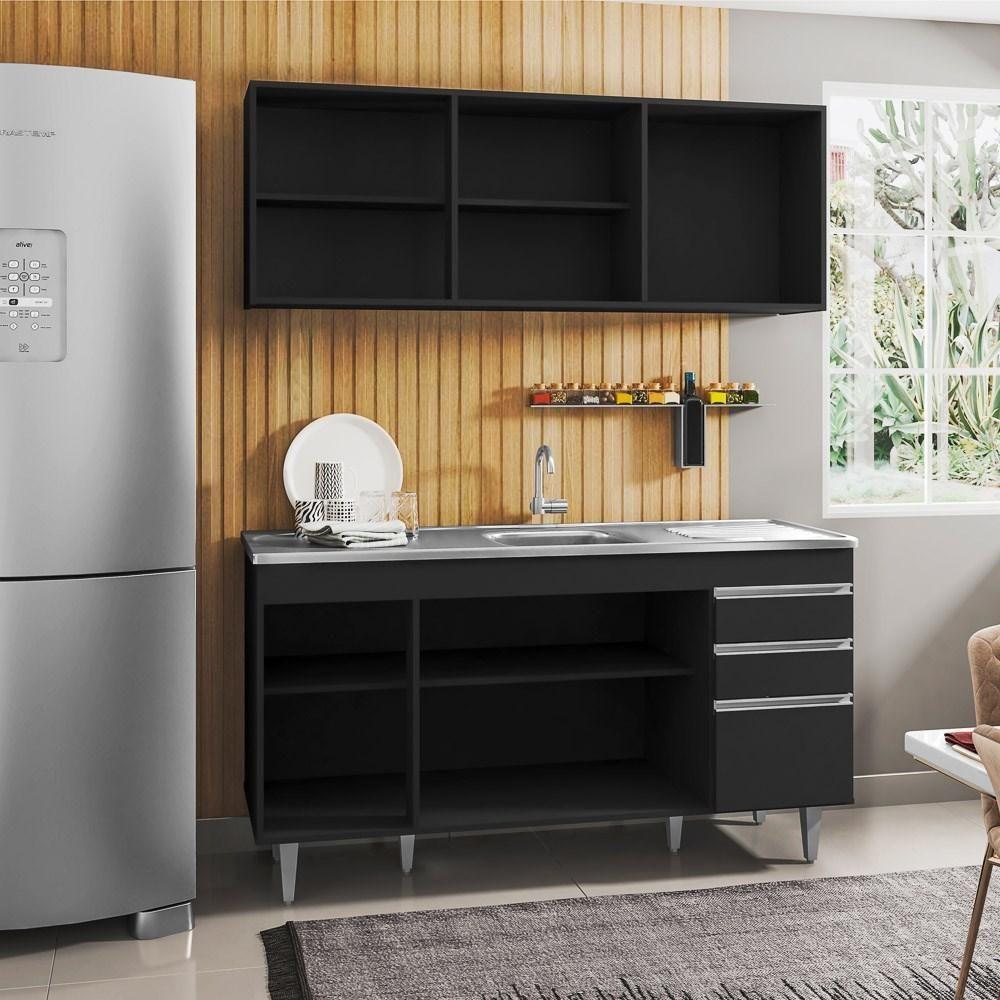 Armário Aéreo Argélia E Balcão Gabinete Com Pia Inox Marrocos 150cm Preto - Lumil Móveis - 4