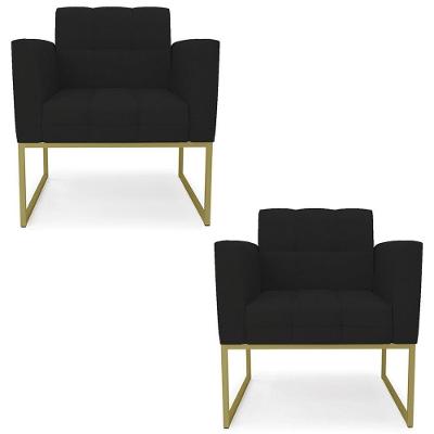 Poltrona Kit 2 Ana Base Industrial Linho Preto Dourado Ibiza