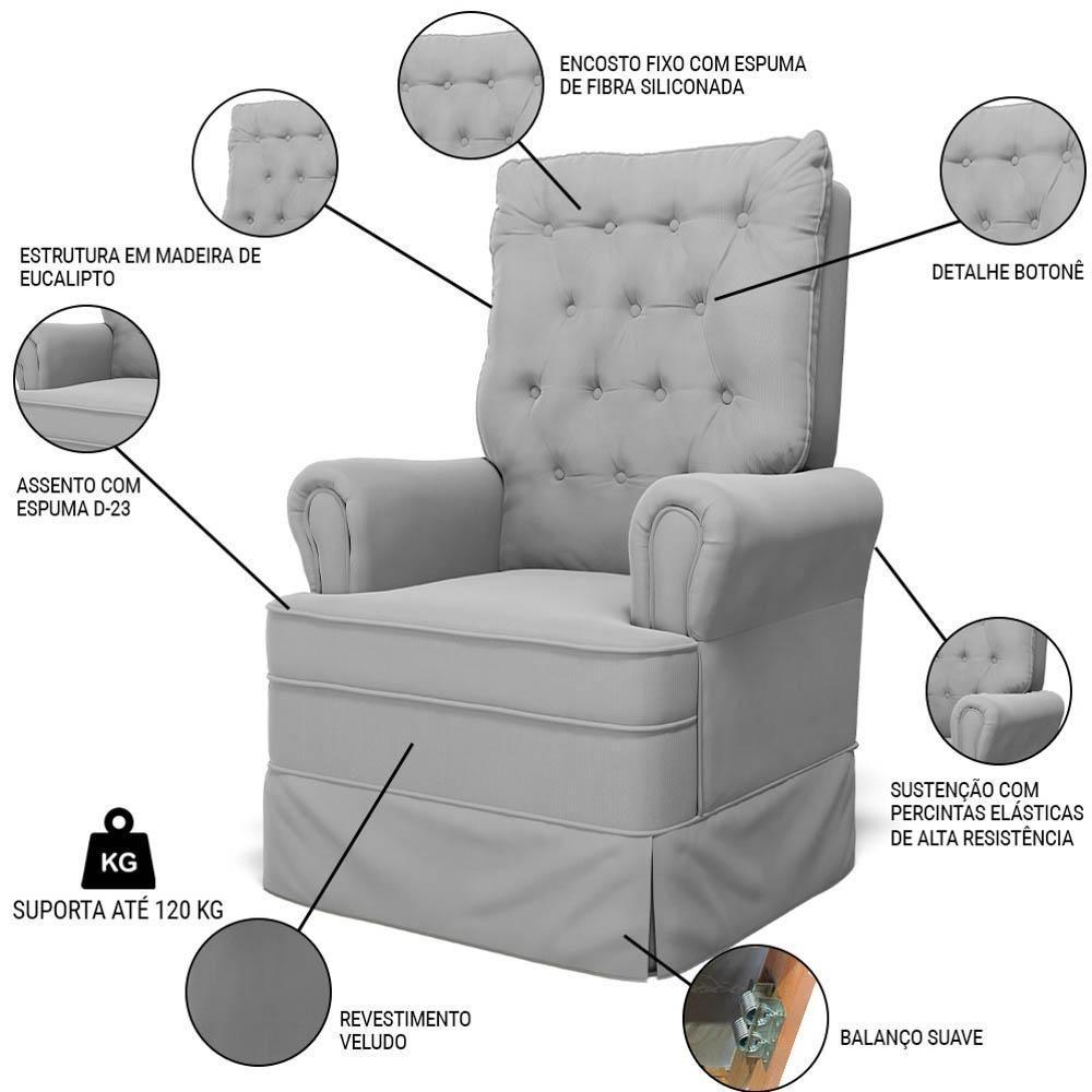 Kit 02 Poltronas De Amamentação E Descanso Com Balanço Laís G05 Veludo Cinza - Mpozenato - 3