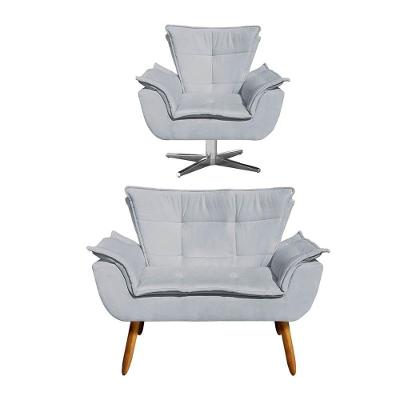 Kit Namoradeira E Poltrona Decorativa Giratória Opla Suede Cinza Ibiza