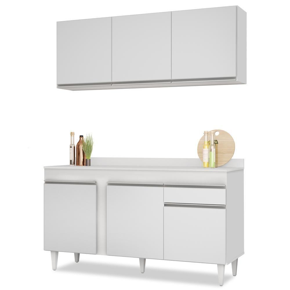 Armário Aéreo Argélia E Balcão Gabinete Para Pia Com Tampo 150cm Dakota Branco - Lumil - 1