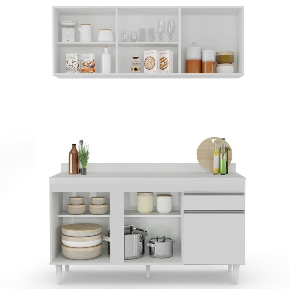 Armário Aéreo Argélia E Balcão Gabinete Para Pia Com Tampo 150cm Dakota Branco - Lumil - 3