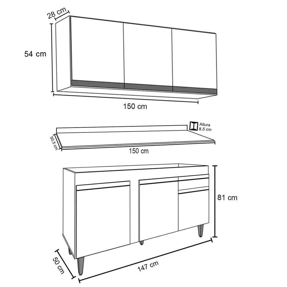 Armário Aéreo Argélia E Balcão Gabinete Para Pia Com Tampo 150cm Dakota Branco - Lumil - 4