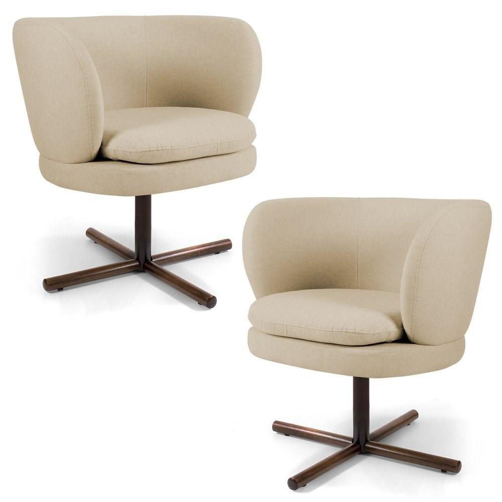 Kit 02 Poltronas Decorativas Melissa Base Xis Giratória C-129 Linho Bege Escuro - Domi - 1