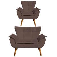 Kit Namoradeira 2 Lugares E 1 Poltrona Decorativa Pés Palito Opla Suede Marrom - Ibiza - 1