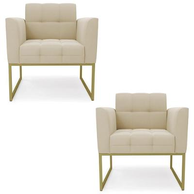 Kit 2 Poltronas Ana Base Industrial Suede Bege Dourado Ibiza