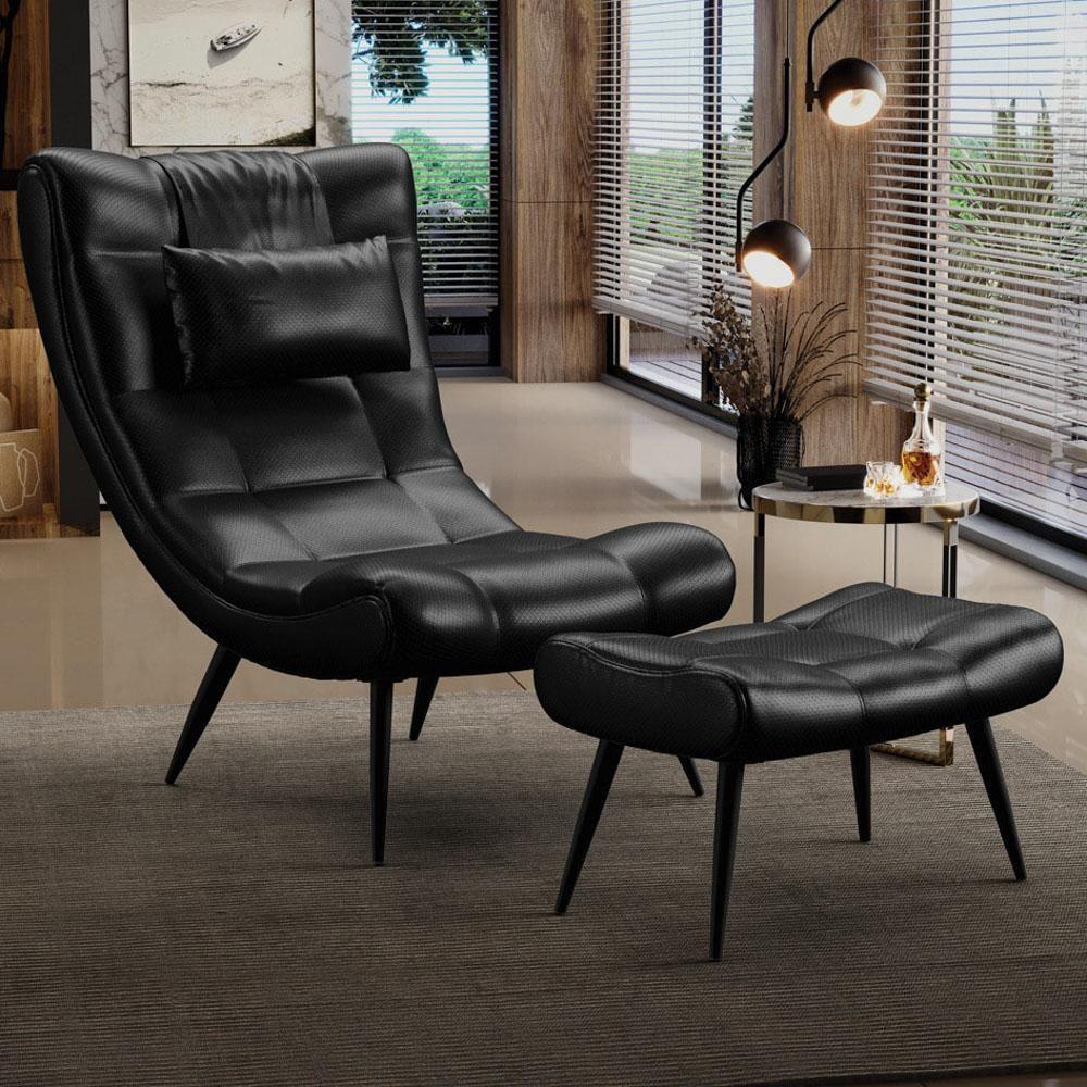 Kit Poltrona E Puff Para Sala De Estar Com Almofada E Pés Palito Lord Facto Preto - Ibiza - 6