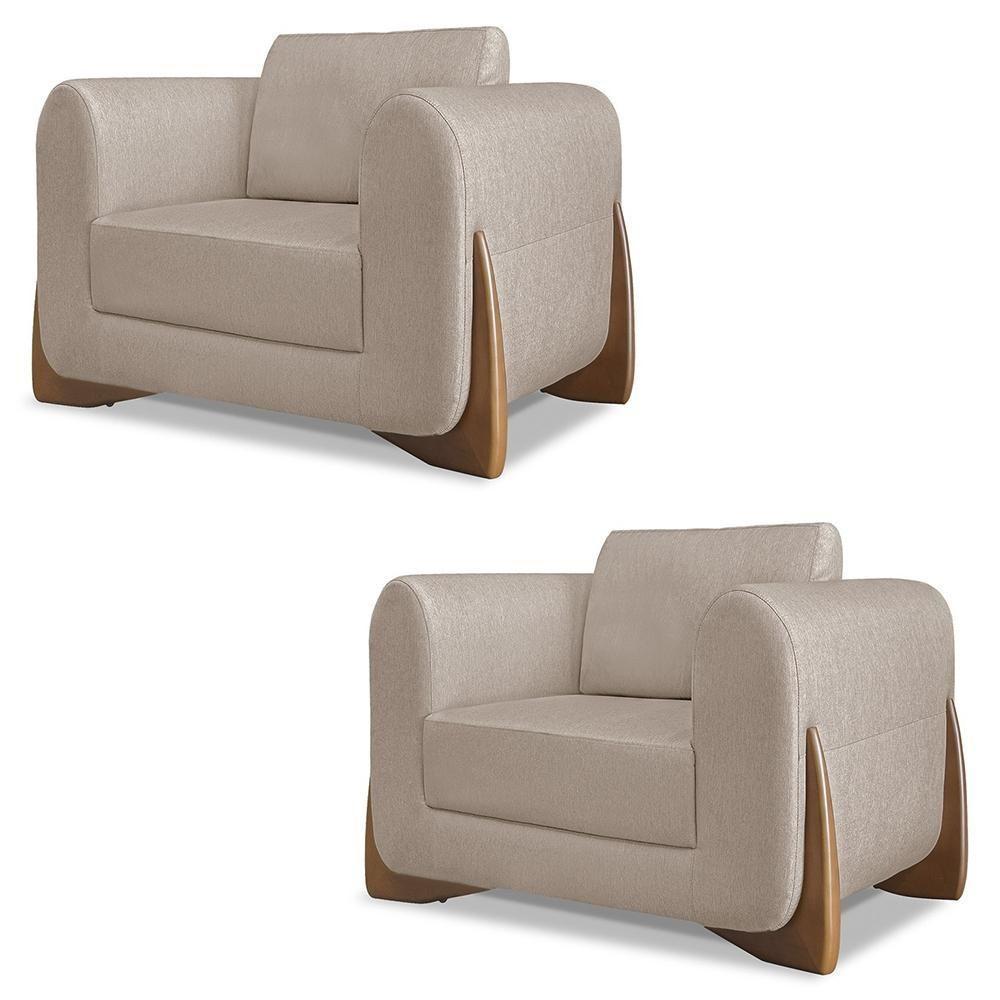 Poltrona Para Sala Base De Madeira Kit 2 Izzy S06 Linho Areia - Mpozenato - 1