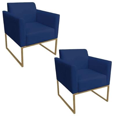 Kit 2 Poltronas Decorativas Maressa S04 Suede Azul Dourado Ibiza