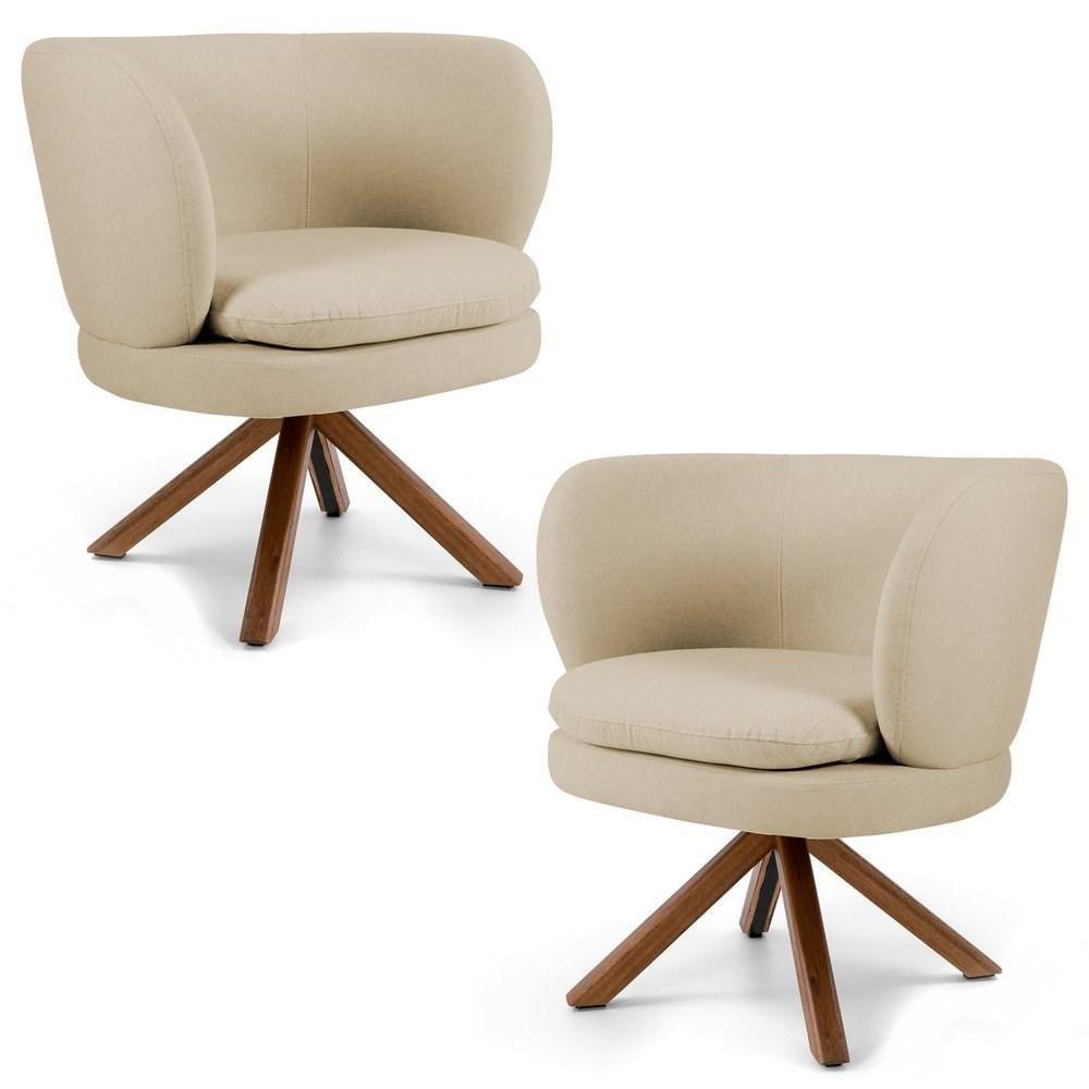 Kit 02 Poltronas Decorativas Melissa Base Giromad Giratória C-129 Linho Bege Escuro - Domi - 1