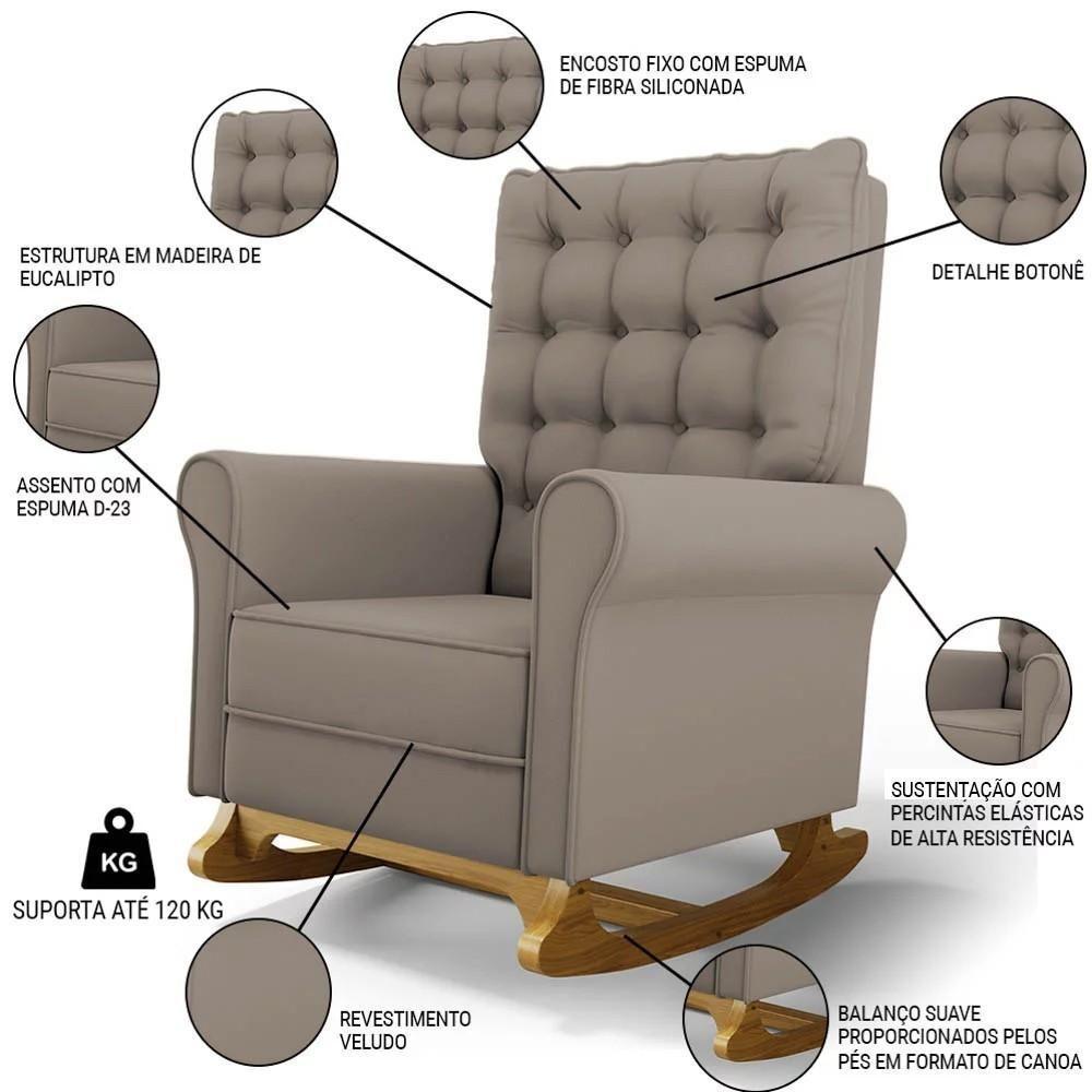 Kit 02 Poltronas De Amamentação Base Madeira Balanço Brenda G05 Veludo Areia - Mpozenato - 8