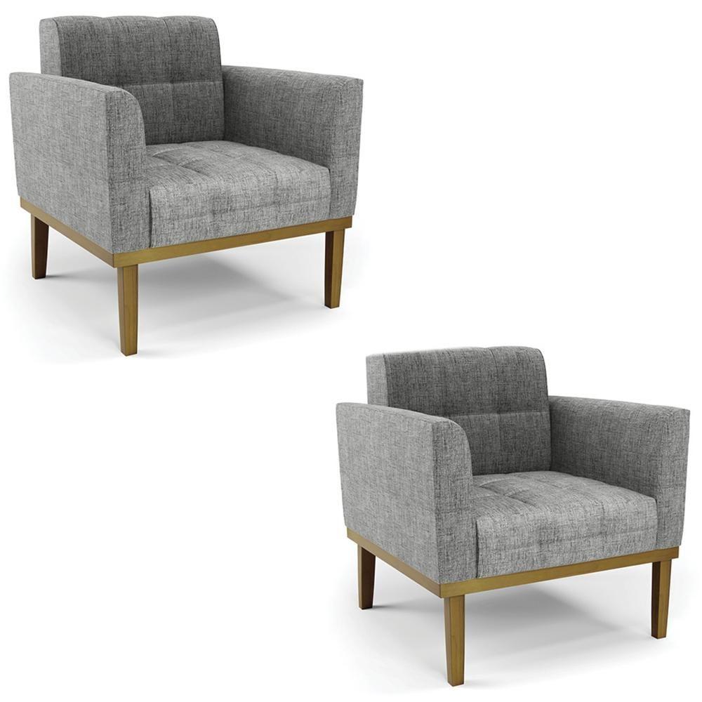 Poltrona Base Madeira Castanho Kit 2 Ana Linho Grafite - Ibiza - 1