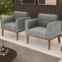 Poltrona Base Madeira Castanho Kit 2 Ana Linho Grafite - Ibiza - 6