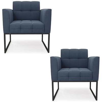 Kit 2 Poltronas Ana Base Industrial Suede Azul Preto Ibiza