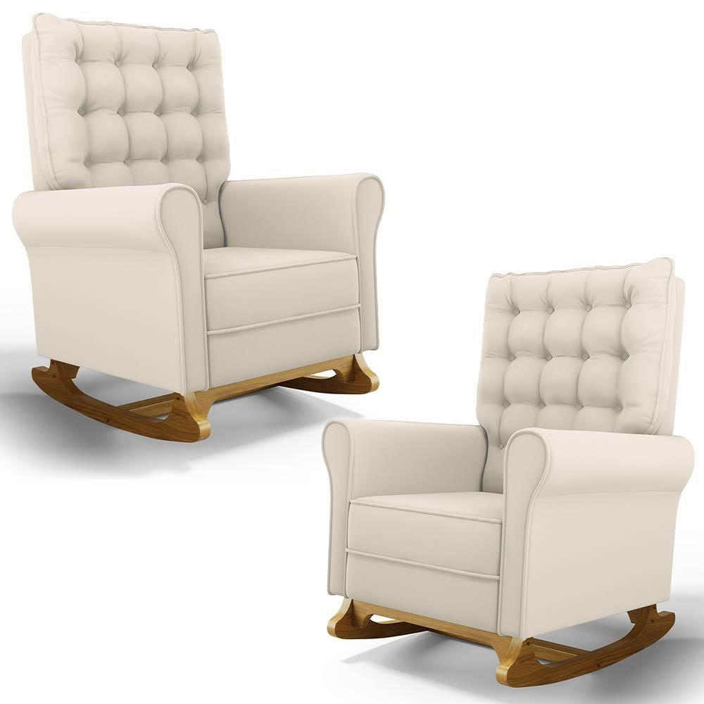 Kit 02 Poltronas De Amamentação Base Madeira Balanço Brenda G05 Veludo Creme - Mpozenato - 1