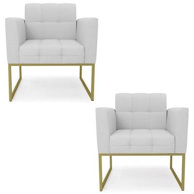Kit 2 Poltronas Ana Base Industrial Linho Cinza Dourado Ibiza