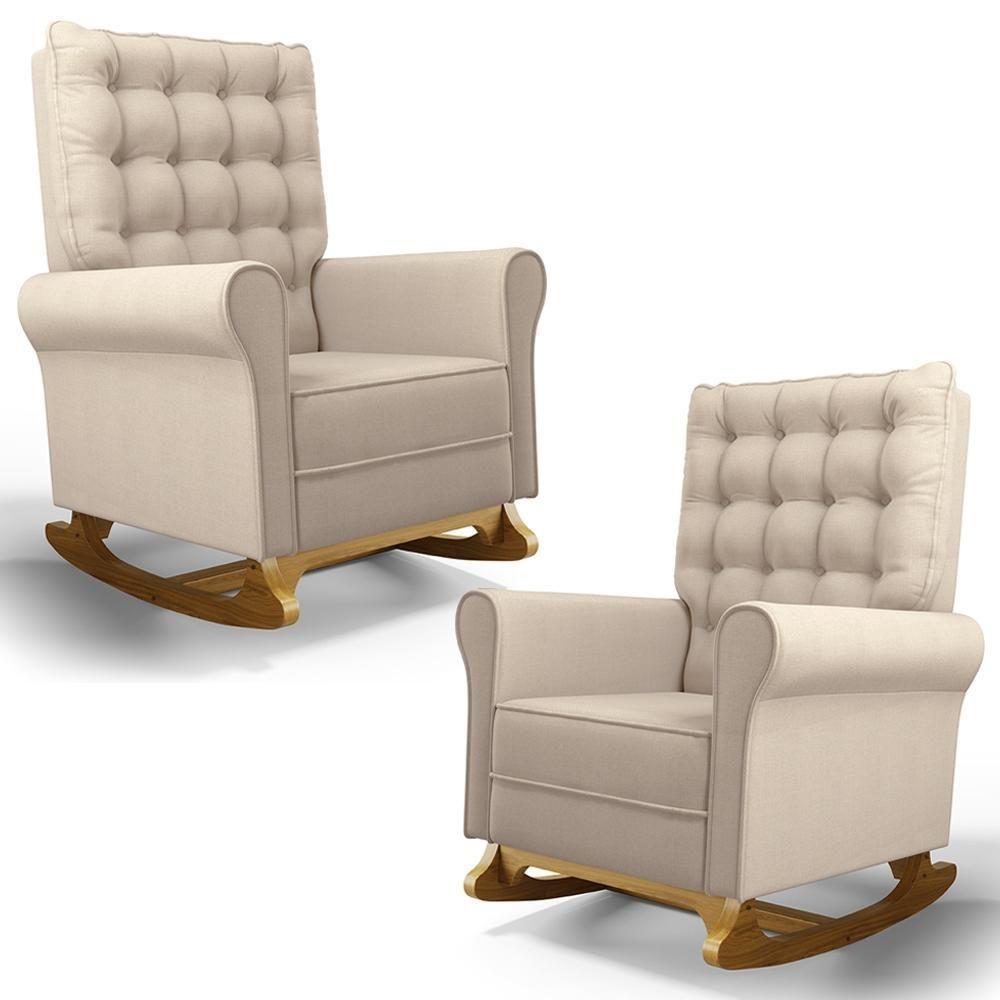 Kit 02 Poltronas De Amamentação E Descanso Base Madeira Balanço Brenda G05 Linho Creme - Mpozenato - 1