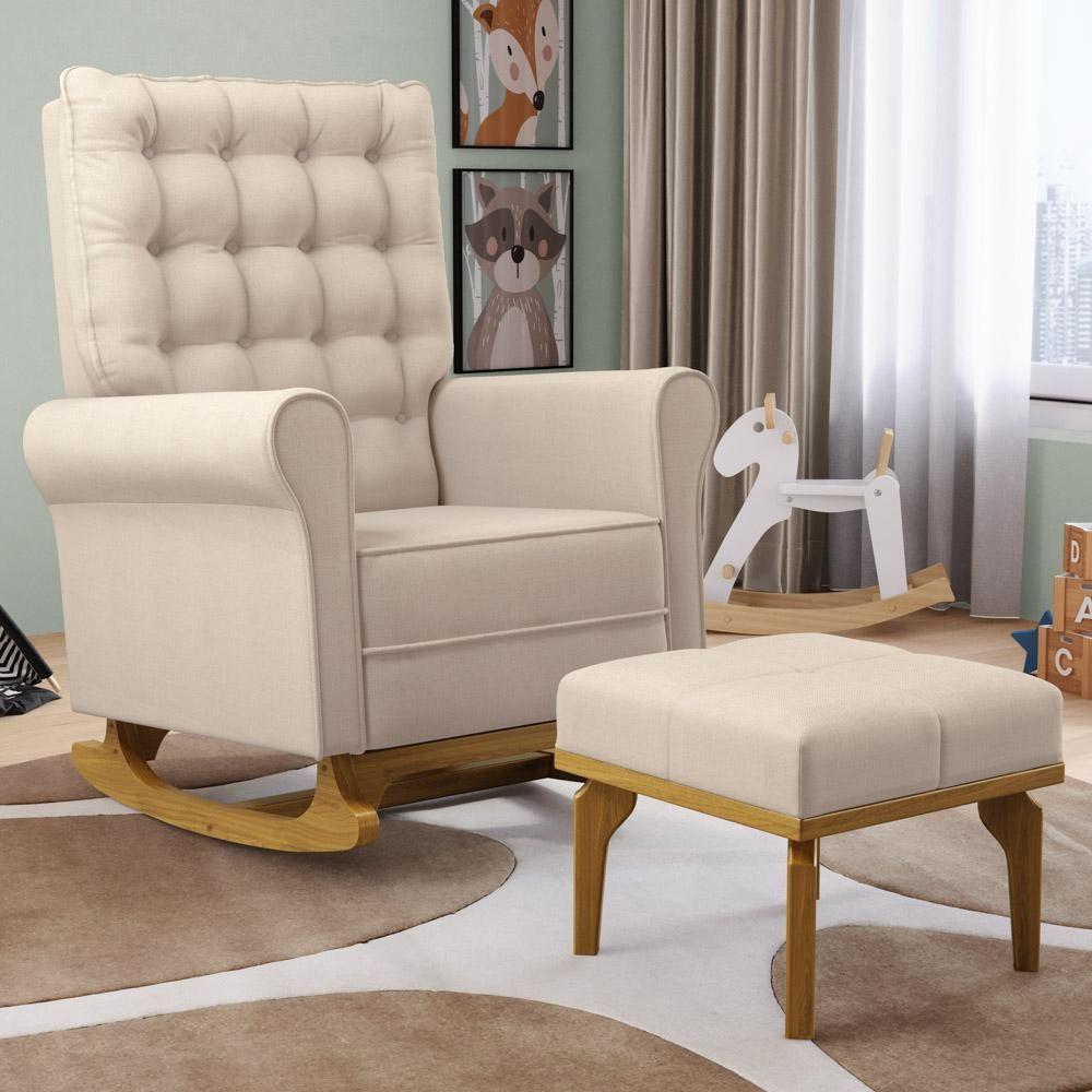 Kit 02 Poltronas De Amamentação E Descanso Base Madeira Balanço Brenda G05 Linho Creme - Mpozenato - 2