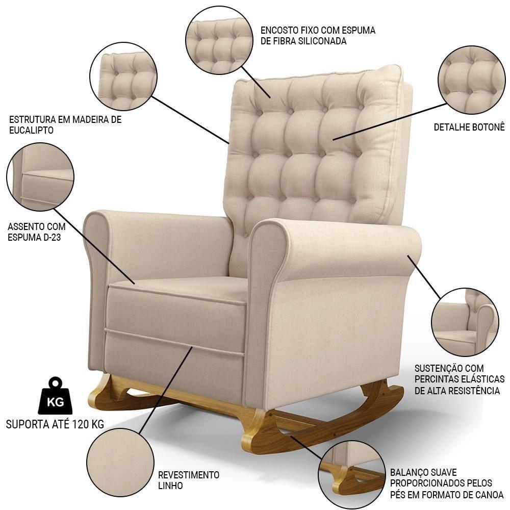 Kit 02 Poltronas De Amamentação E Descanso Base Madeira Balanço Brenda G05 Linho Creme - Mpozenato - 3