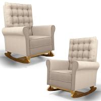 Kit 02 Poltronas De Amamentação E Descanso Base Madeira Balanço Brenda G05 Linho Creme - Mpozenato - 1