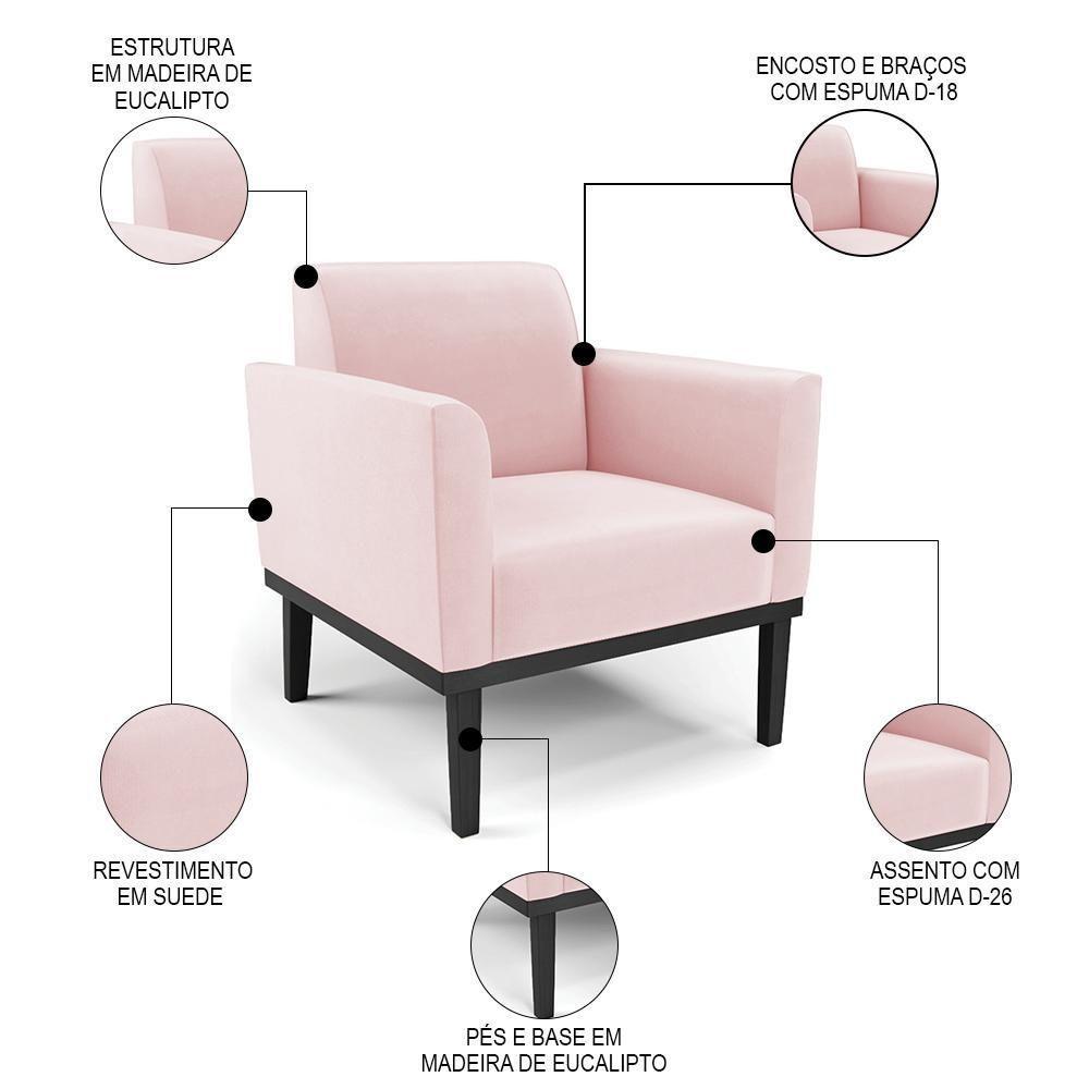 Poltrona Base Madeira Preto Kit 2 Maressa Suede Rosa Bebê - Ibiza - 3