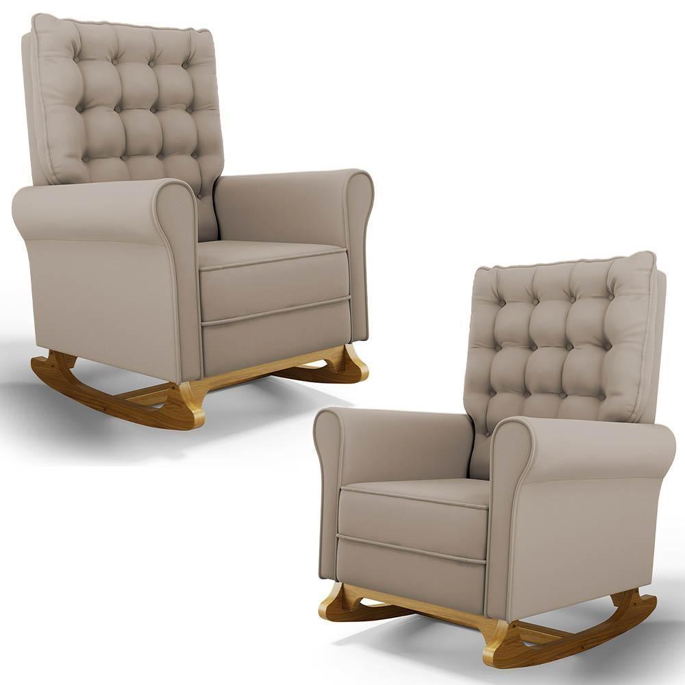 Kit 02 Poltronas De Amamentação Base Madeira Balanço Brenda G05 Veludo Bege - Mpozenato - 1