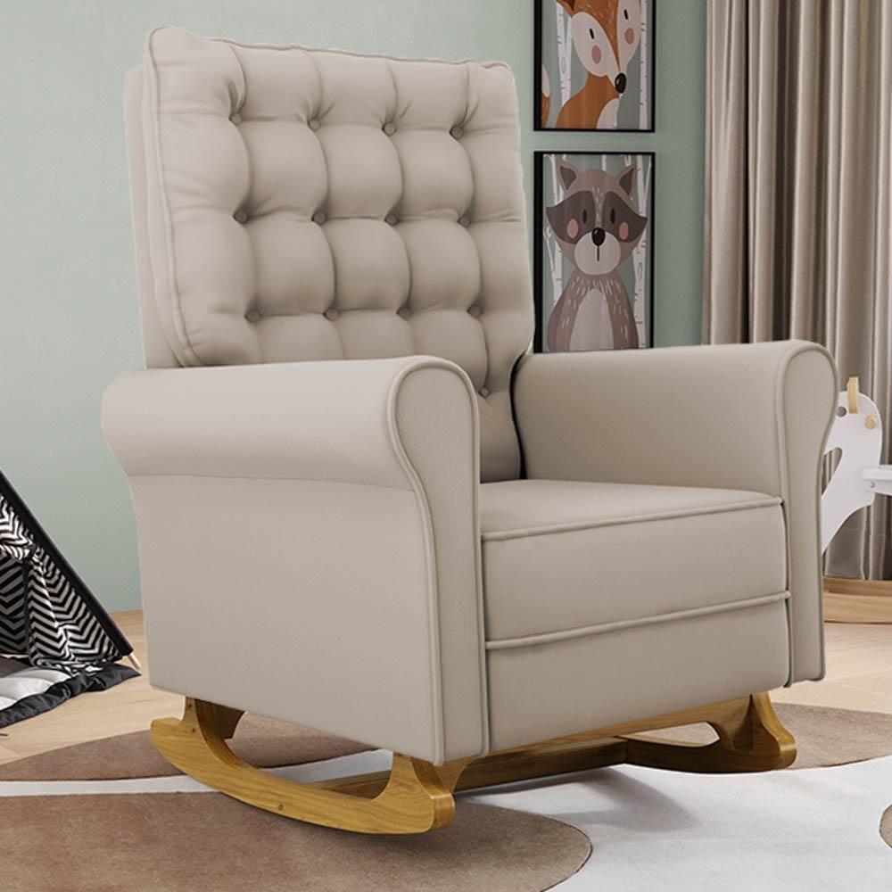 Kit 02 Poltronas De Amamentação Base Madeira Balanço Brenda G05 Veludo Bege - Mpozenato - 2