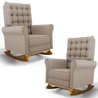 Kit 02 Poltronas De Amamentação Base Madeira Balanço Brenda G05 Veludo Bege - Mpozenato - 1