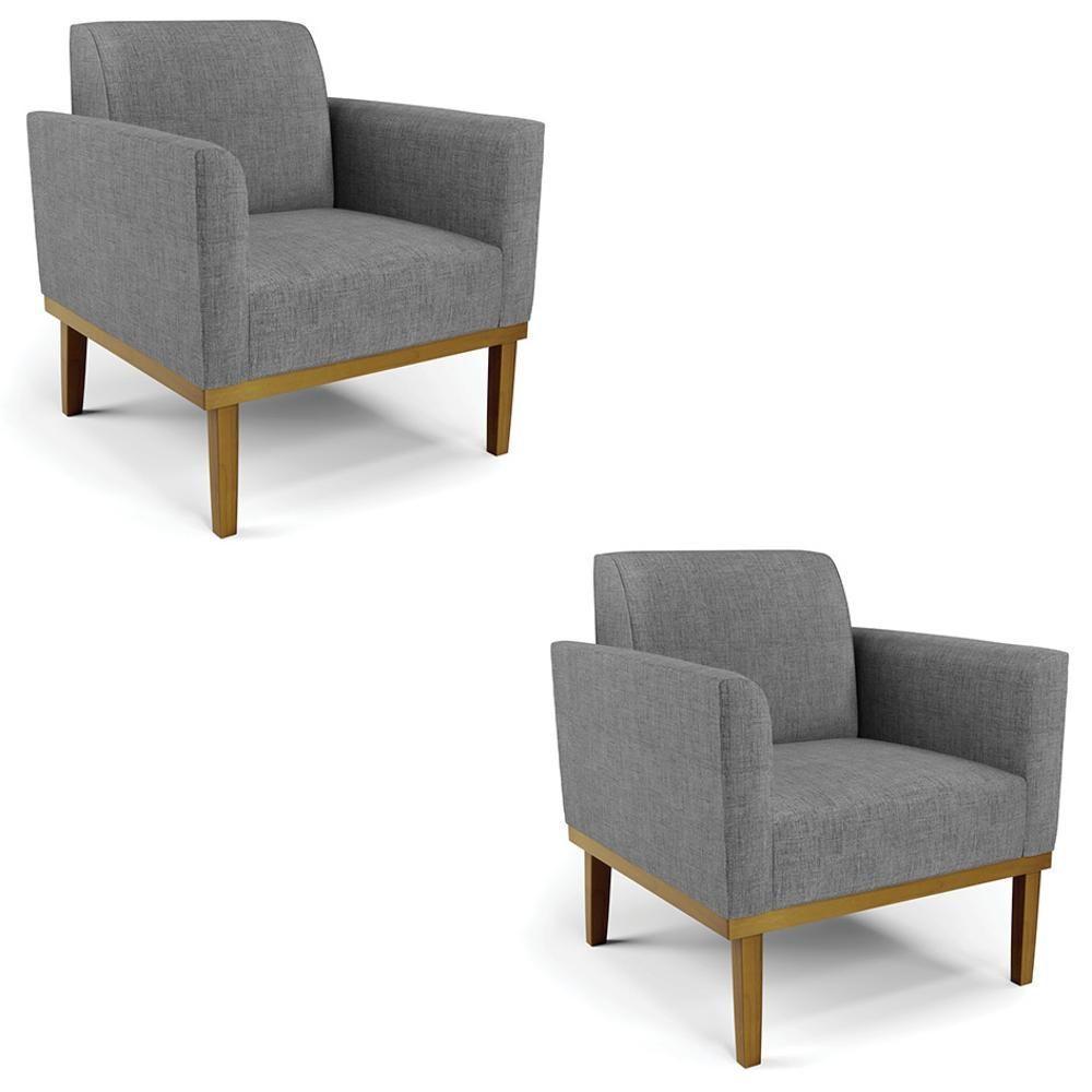 Poltrona Base Madeira Castanho Kit 2 Maressa Linho Grafite - Ibiza - 1