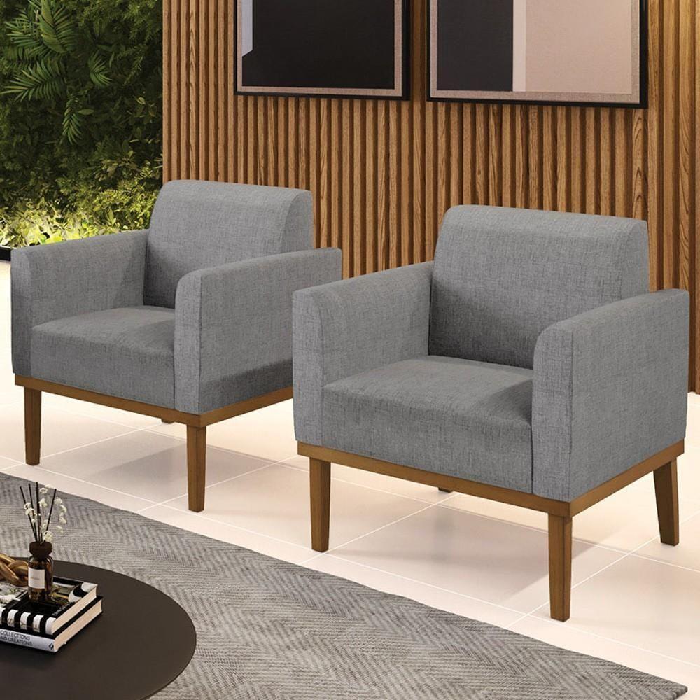 Poltrona Base Madeira Castanho Kit 2 Maressa Linho Grafite - Ibiza - 2