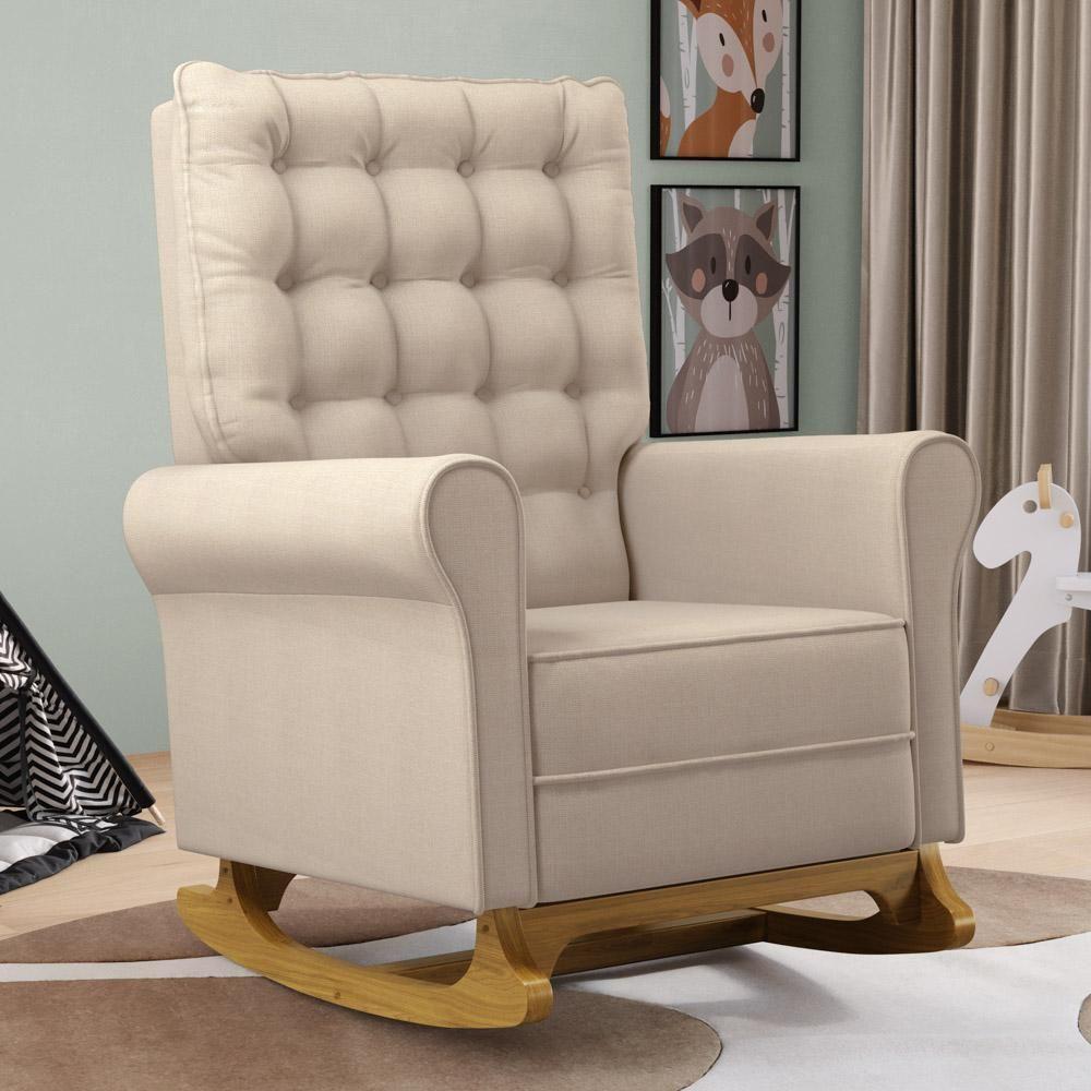 Poltrona De Amamentação E Descanso Base Madeira Com Balanço Brenda G05 Linho Creme - Mpozenato - 2