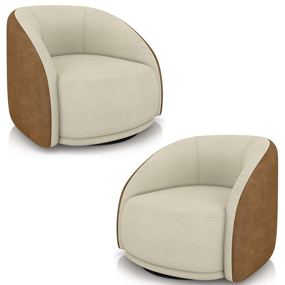 Poltrona Decorativa Giratória Kit 2 Lya M22 Boucle Bege/sintético Marrom - Mpozenato - 1