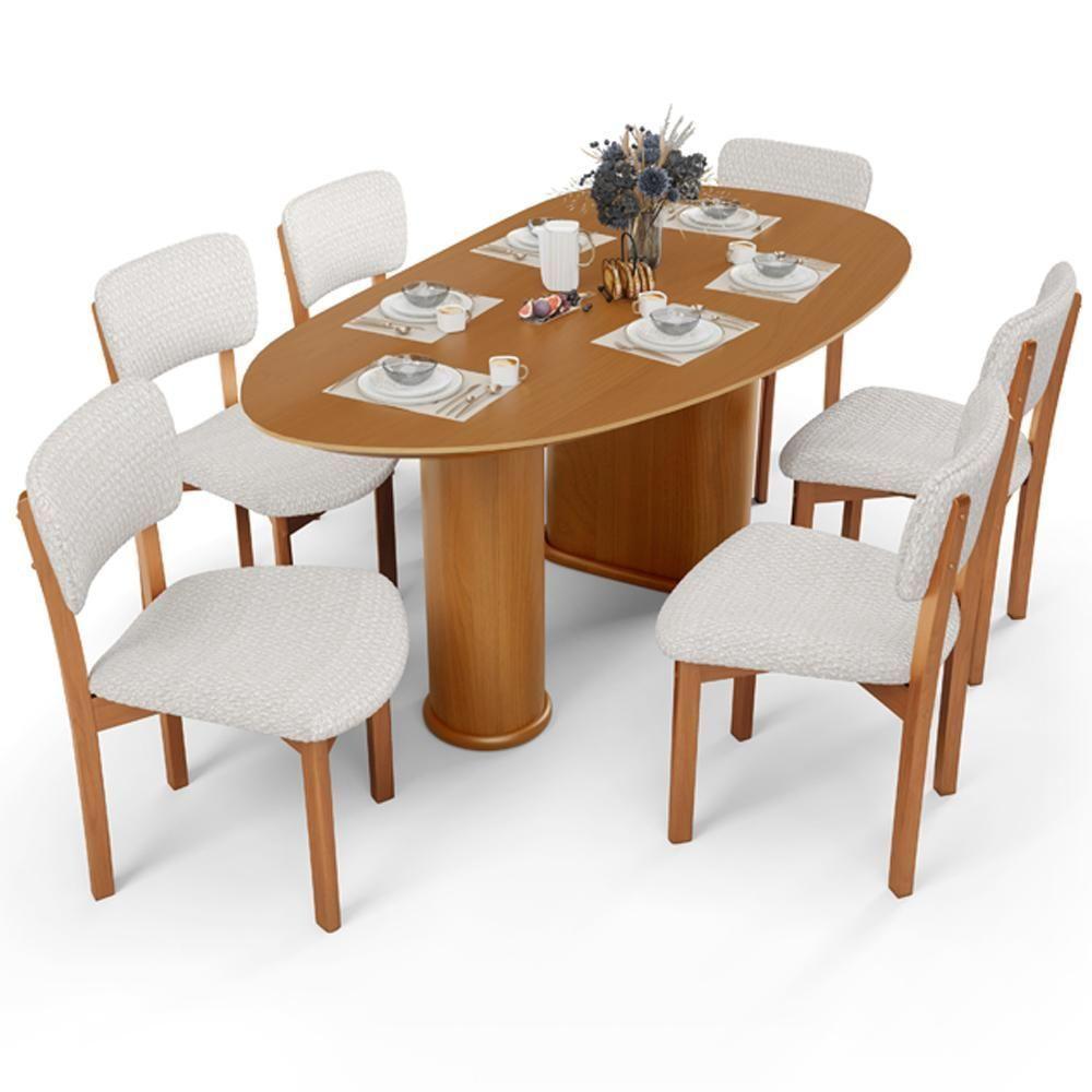 Mesa Para Sala De Jantar Ourense Com 06 Cadeiras Sala De Jantar Dara L02 Bouclê Cru - Lyam Decor - 1