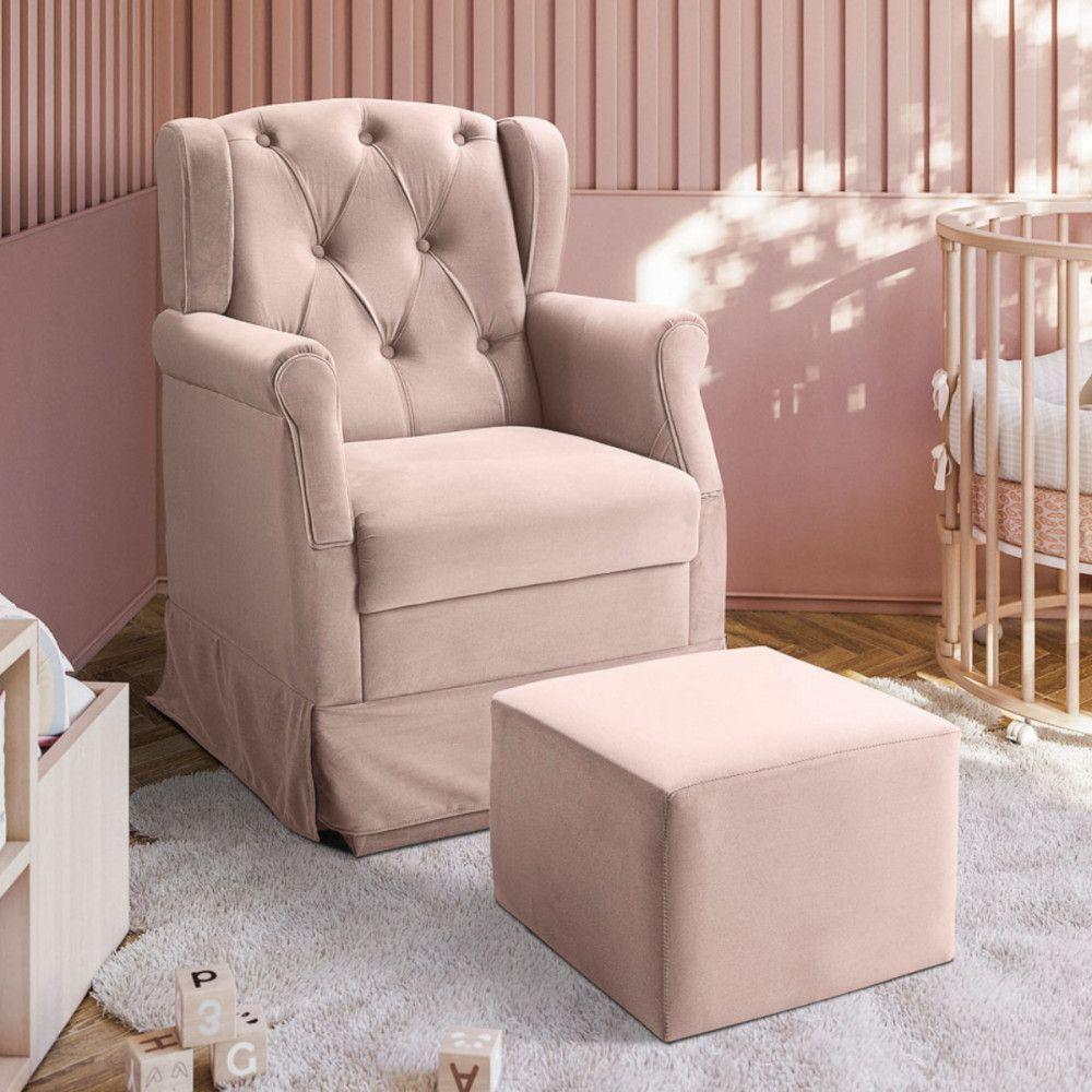 Poltrona De Amamentação Balanço Puff Ternura Veludo Rosa Rosa - 2