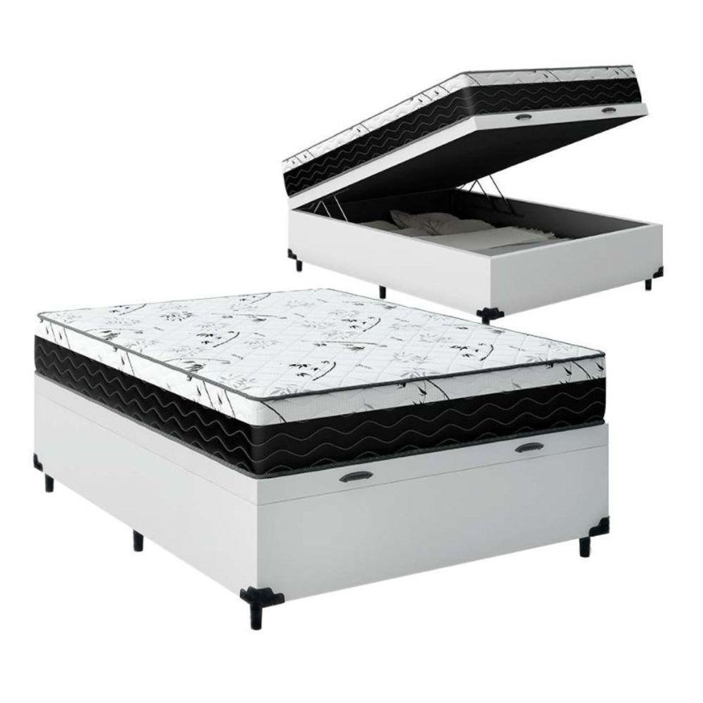 Cama Box Baú Casal 138 Tecido Sintético Branco Com Colchão Espuma D33 One Face Preto - Bello Box - 58x138x188 - 1