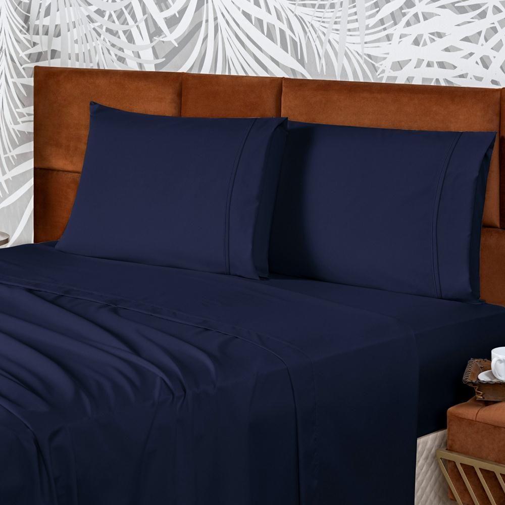 Jogo De Lençol Casal Padrão Confort Micropercal 300 Fios Toque De Algodão 4 Peças - Marinho - 3