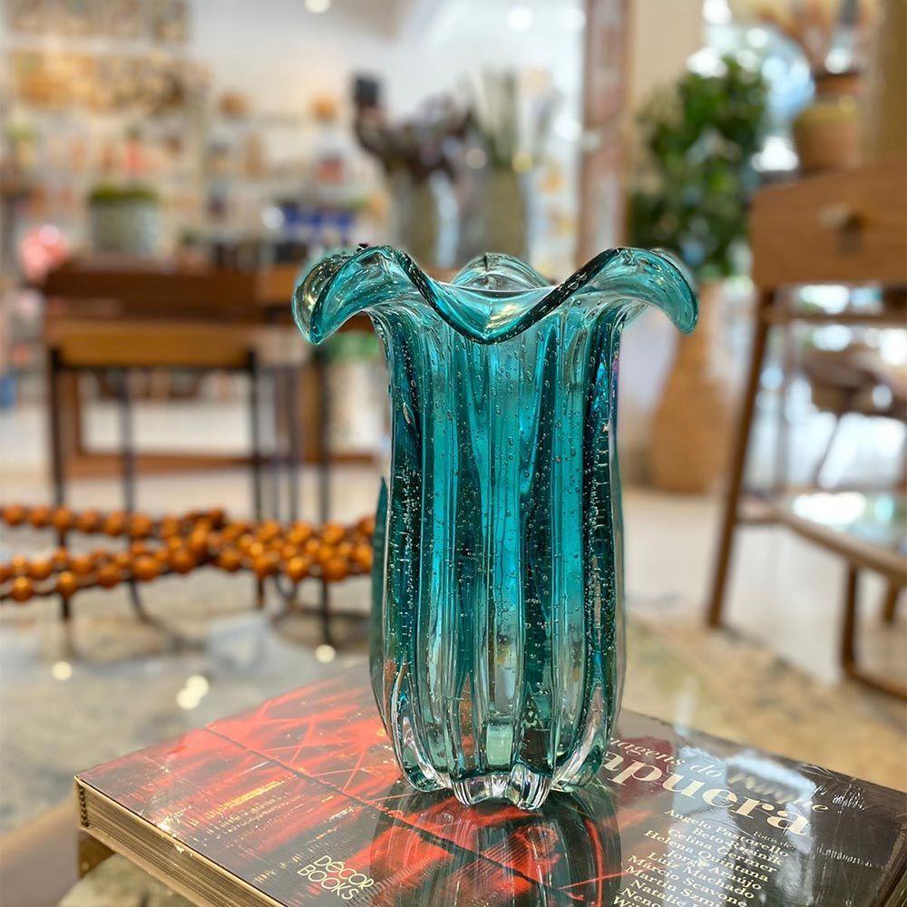 Vaso Murano Vidro Italy Azul Turquesa 19x24cm Wolff - 7