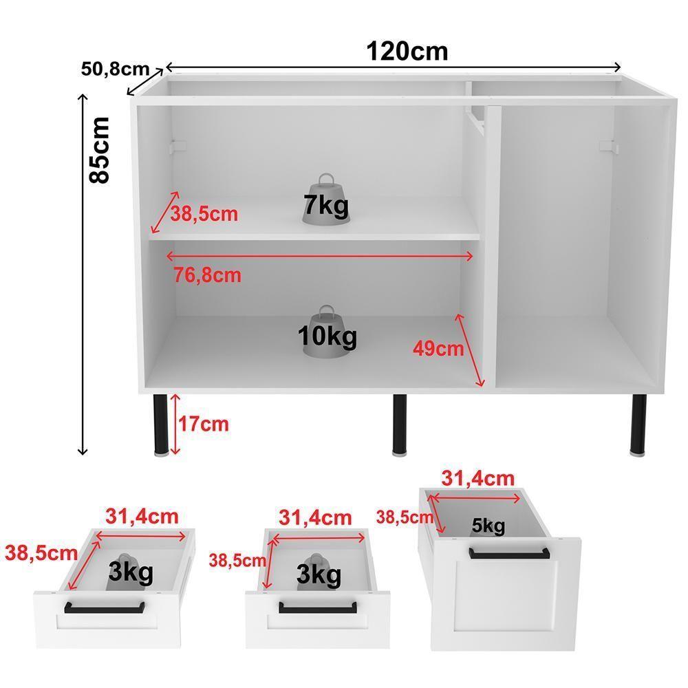 Balcao Para Pia Sem Tampo 120 Cm Mdf 2 Portas 3 Gavetas Cz3300 Branco Tecno Mobili - 6