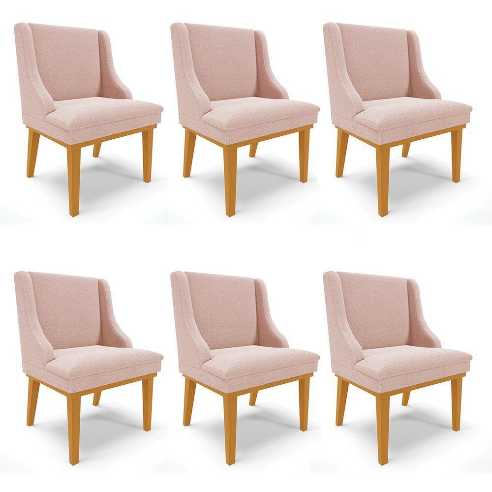 Cadeira Sala De Jantar Base Madeira Castanho Kit 6 Liz Bouclê Rosê D03 - D'rossi - 1