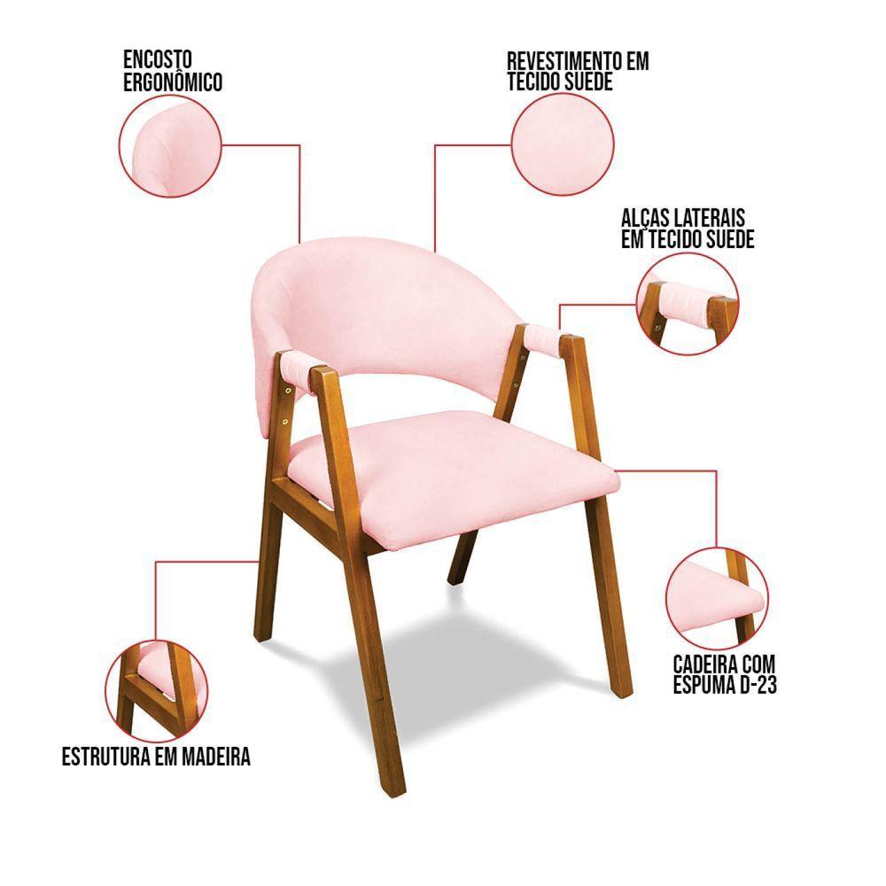 Cadeira Sala De Jantar Em Madeira Kit 2 Yara Suede Rosa Bebê D03 - D'rossi - 3